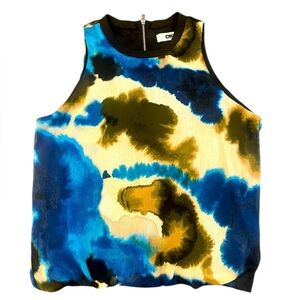 DKNY Watercolor Blue, Yellow & Brown Crepe Sleeveless‎ Blouse Lined XS